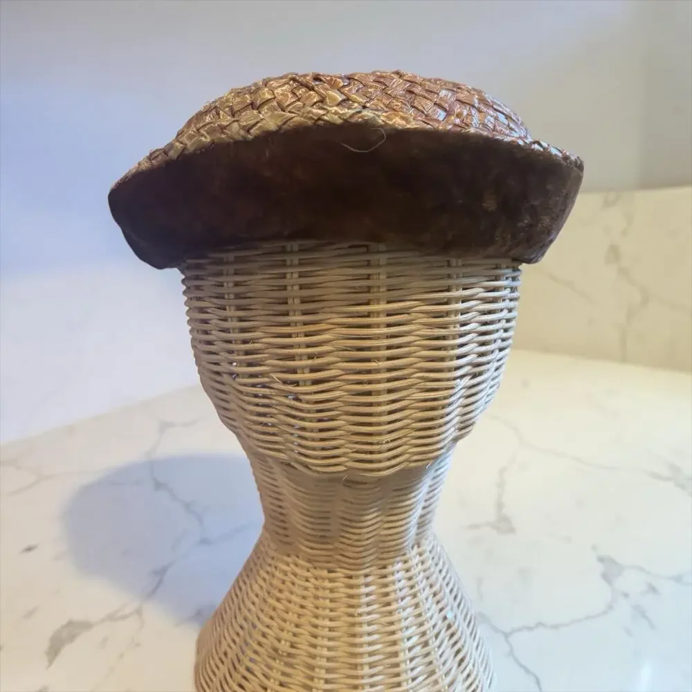 40s Brown Velvet Trim Woven Straw Tilt Hat Cocktail Fascinator Size 22